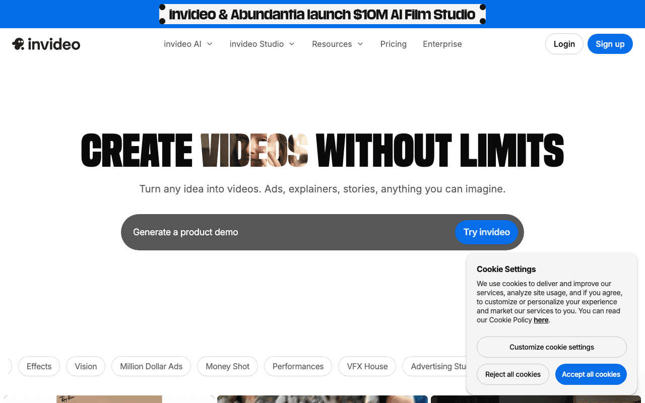 InVideo homepage screenshot — 2026