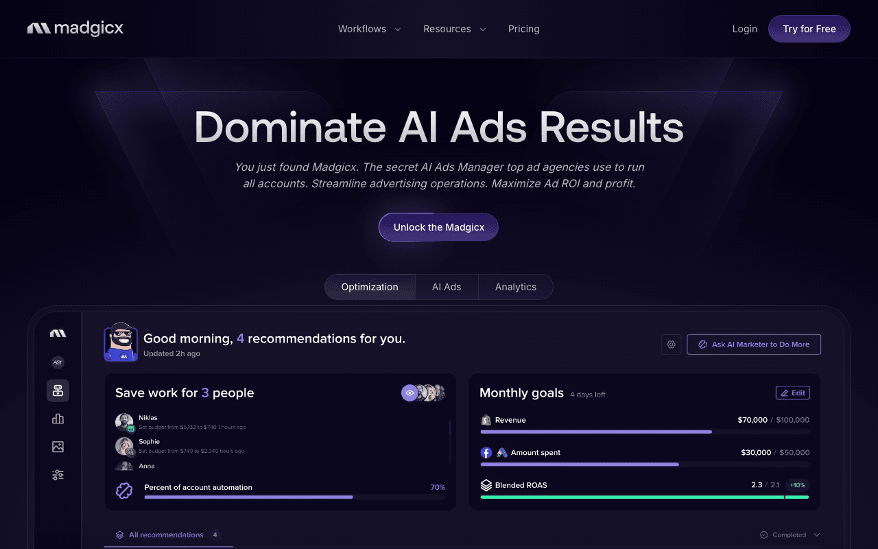 Madgicx homepage screenshot — 2026