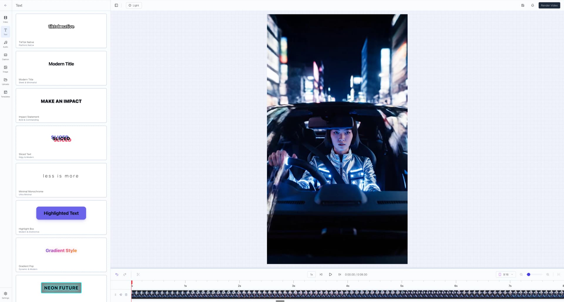 Multi-track timeline with text overlays, captions, and music layered over a video ad clip