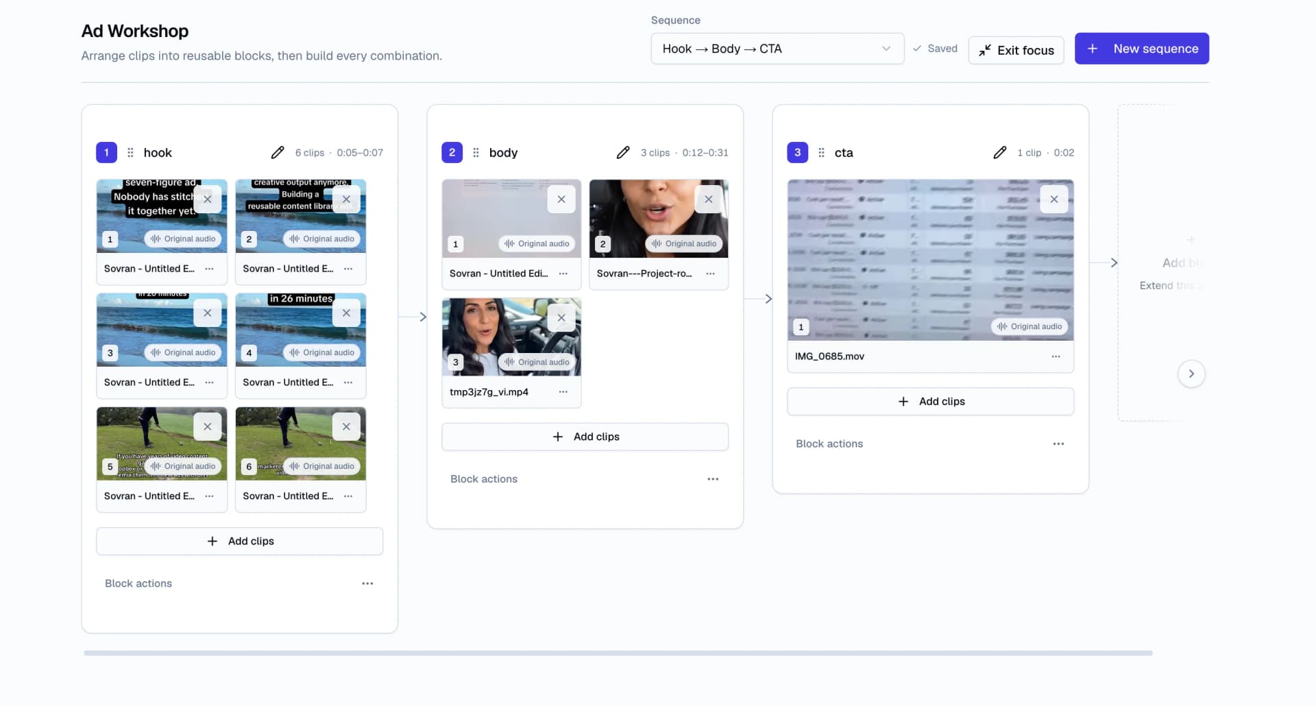 Sovran Ad Workshop arranging hook, body, and CTA clips into modular video ad combinations
