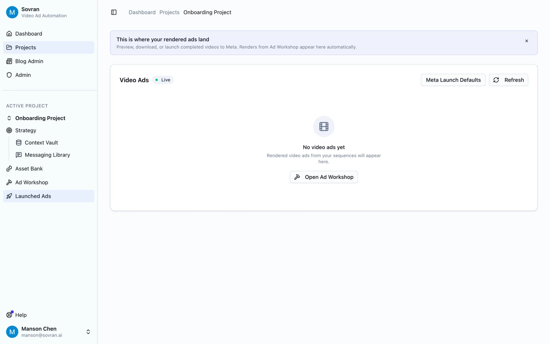 Ad Library with rendered video ads ready to preview, download, or launch