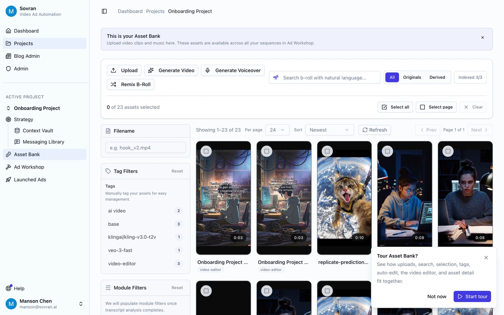 Asset Bank with product clips organized by tags, type, and campaign role