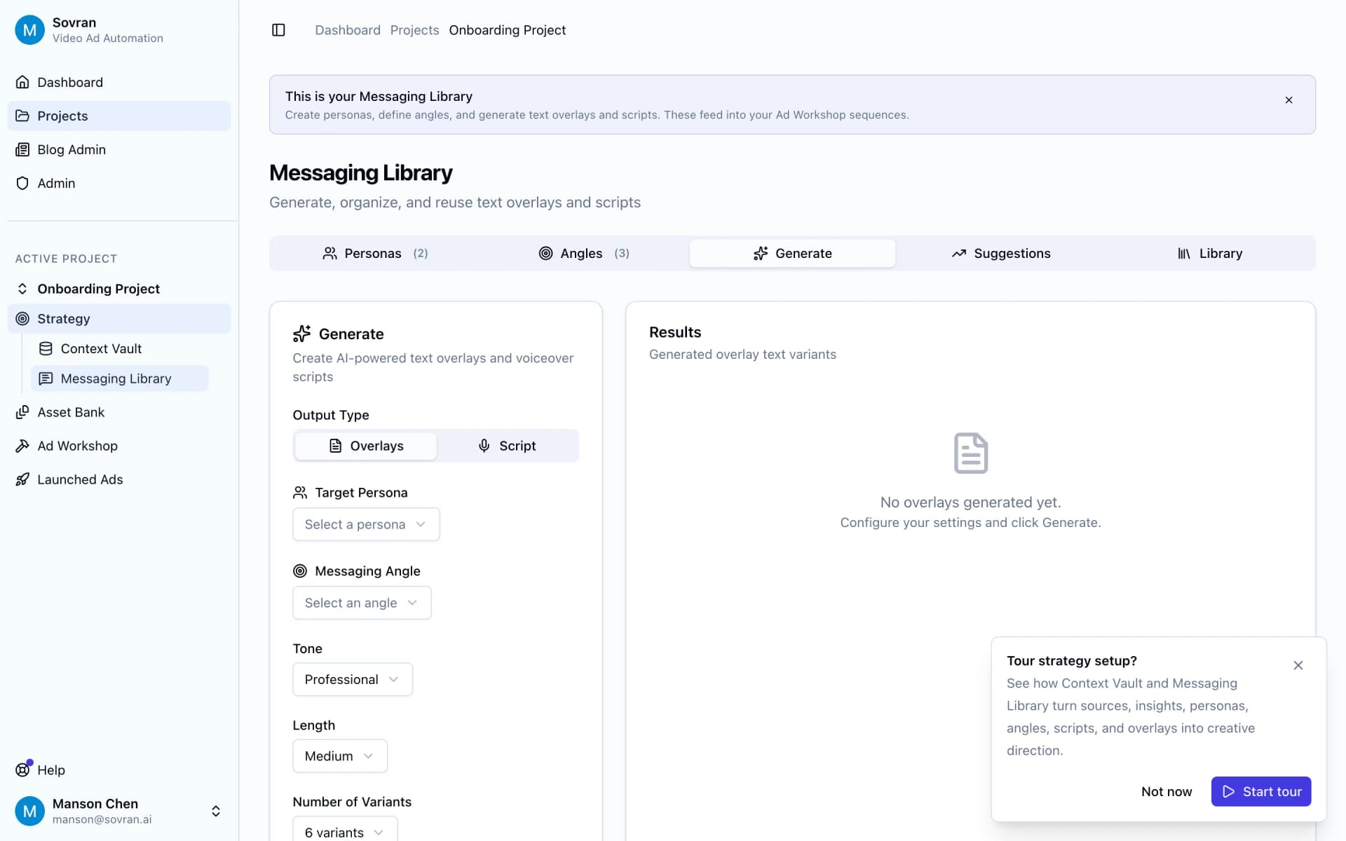 Messaging generator with persona and angle controls for new ad copy