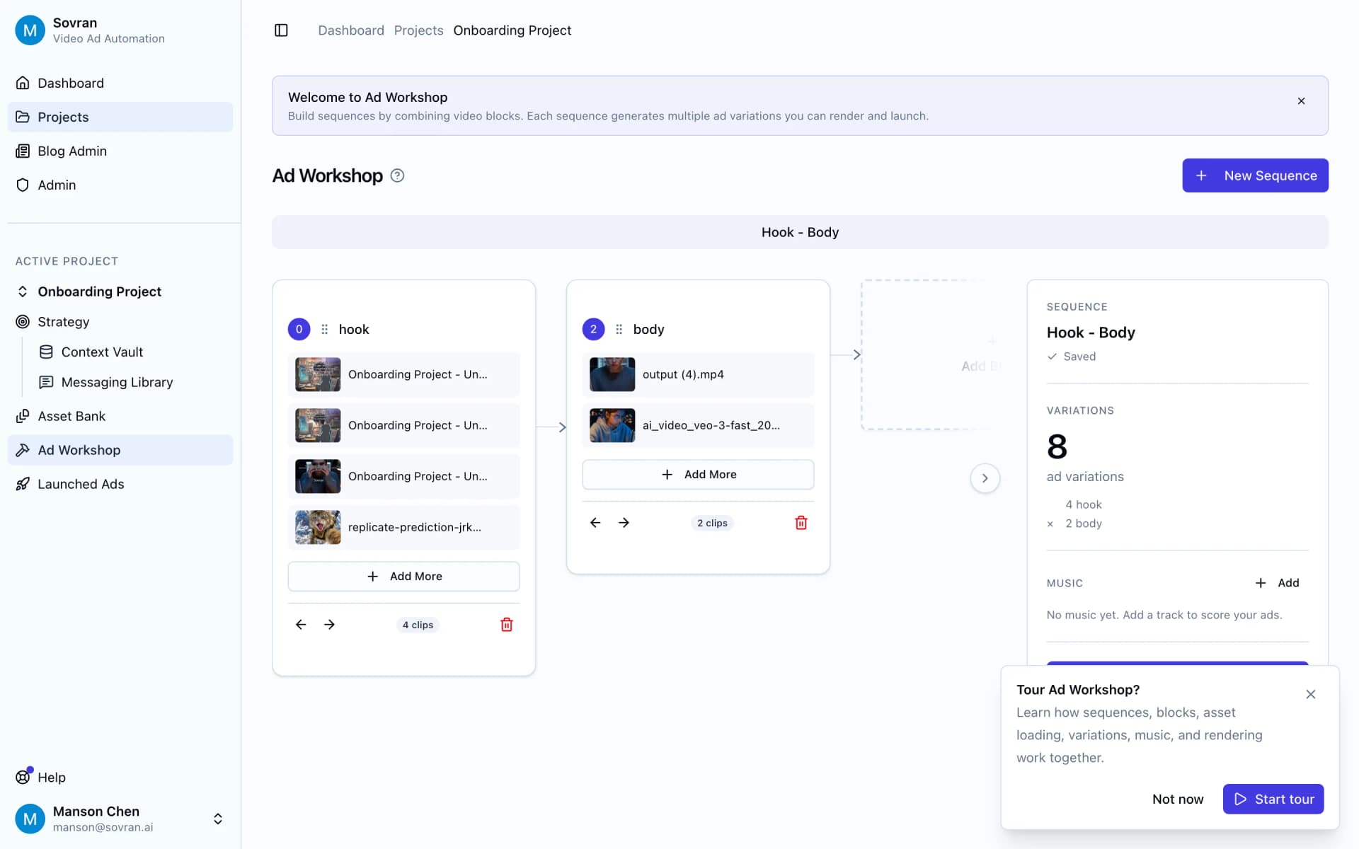 Ad creative production workflow tool for DTC brands shown in Sovran's Ad Workshop