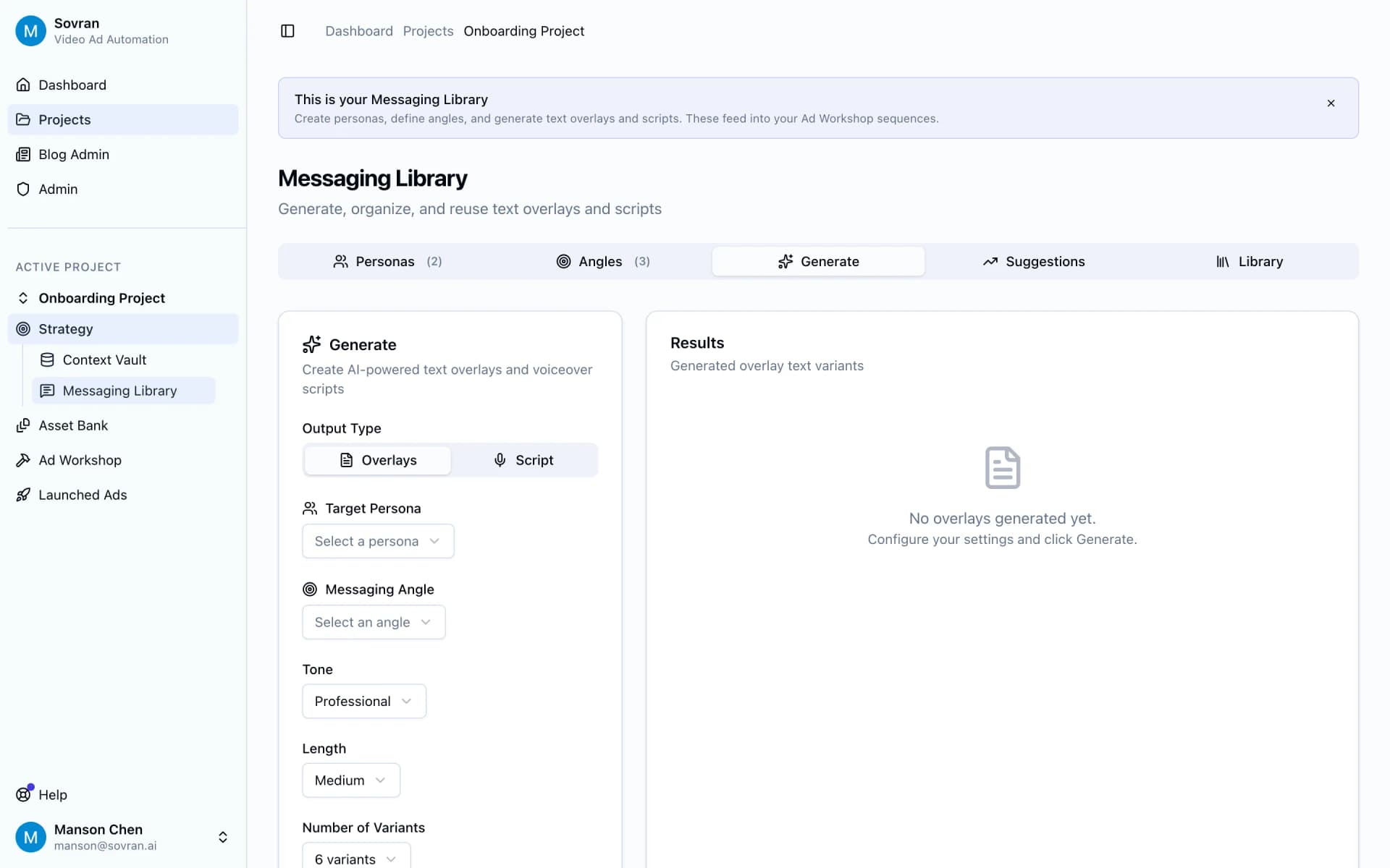 Messaging generator creating hooks and scripts for different audience angles