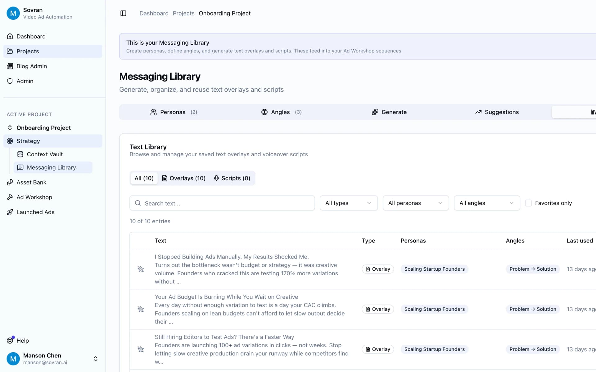 Messaging Library with saved hooks, scripts, and overlay copy for future launches