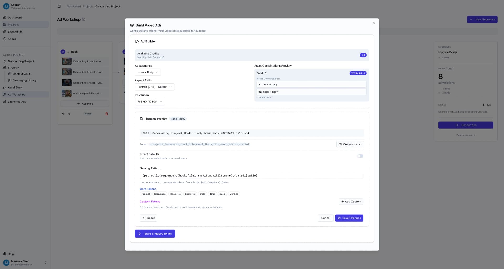 Ad Library with auto-named variations grouped by concept for side-by-side comparison