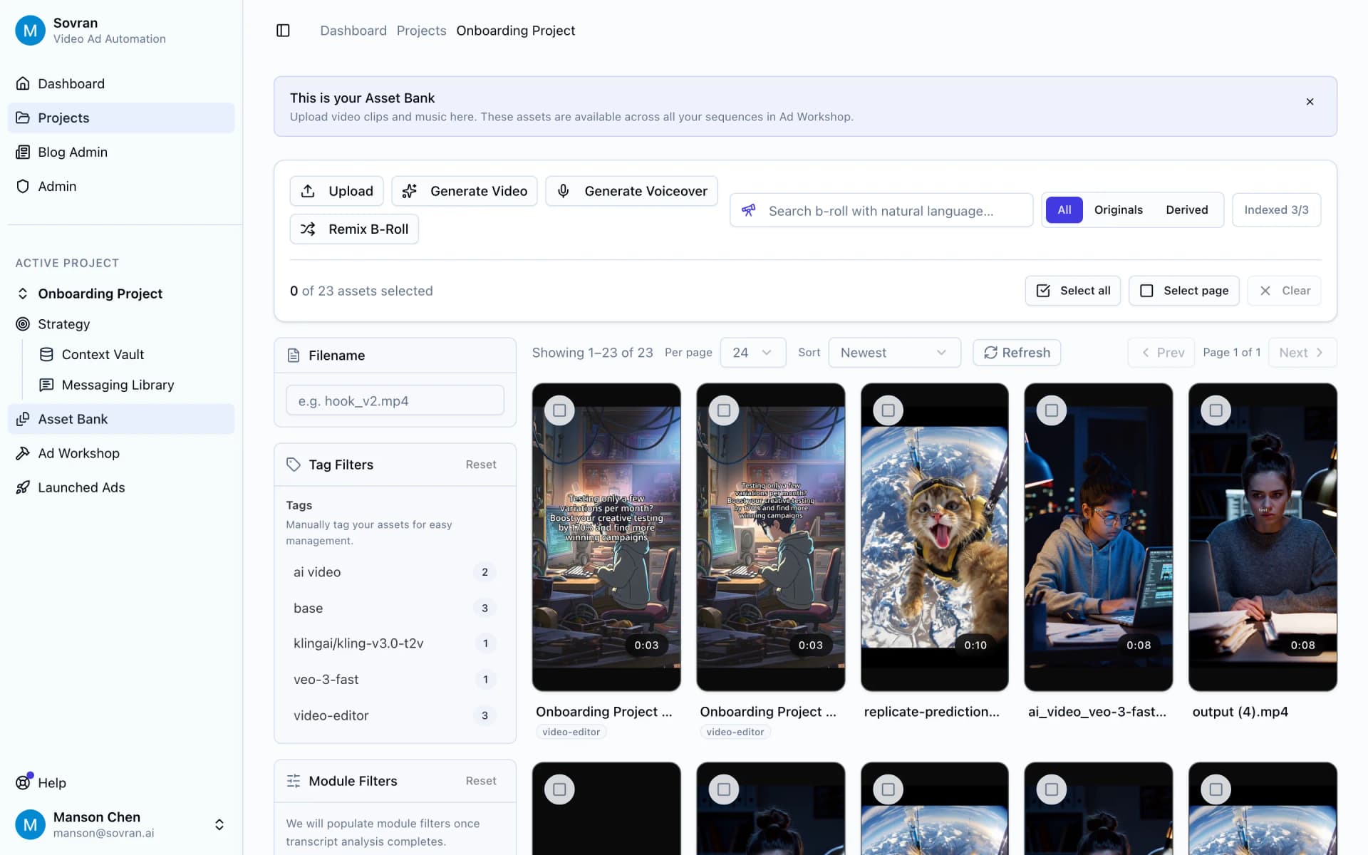 Asset Bank with tagged hook, body, and CTA clips ready to reuse across new ads
