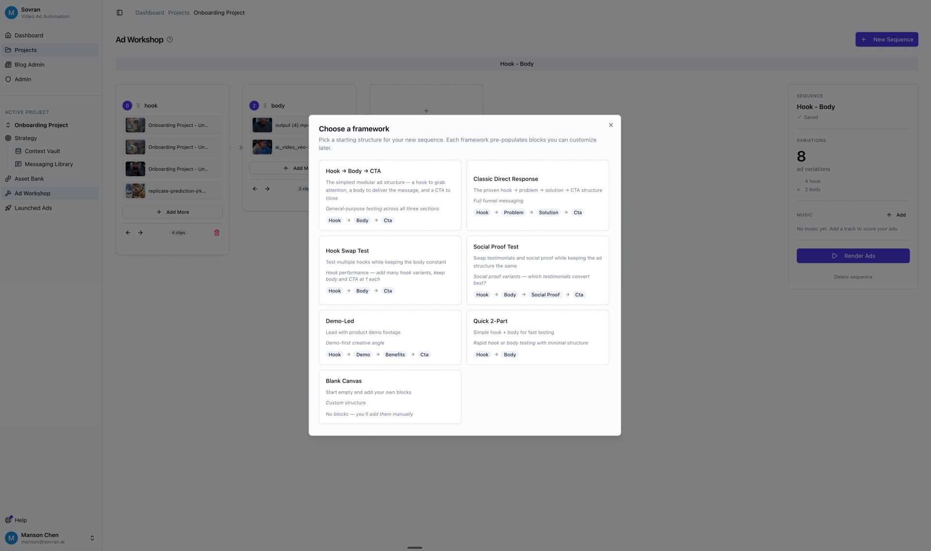 Custom sequence builder with hook, problem, solution, and CTA blocks