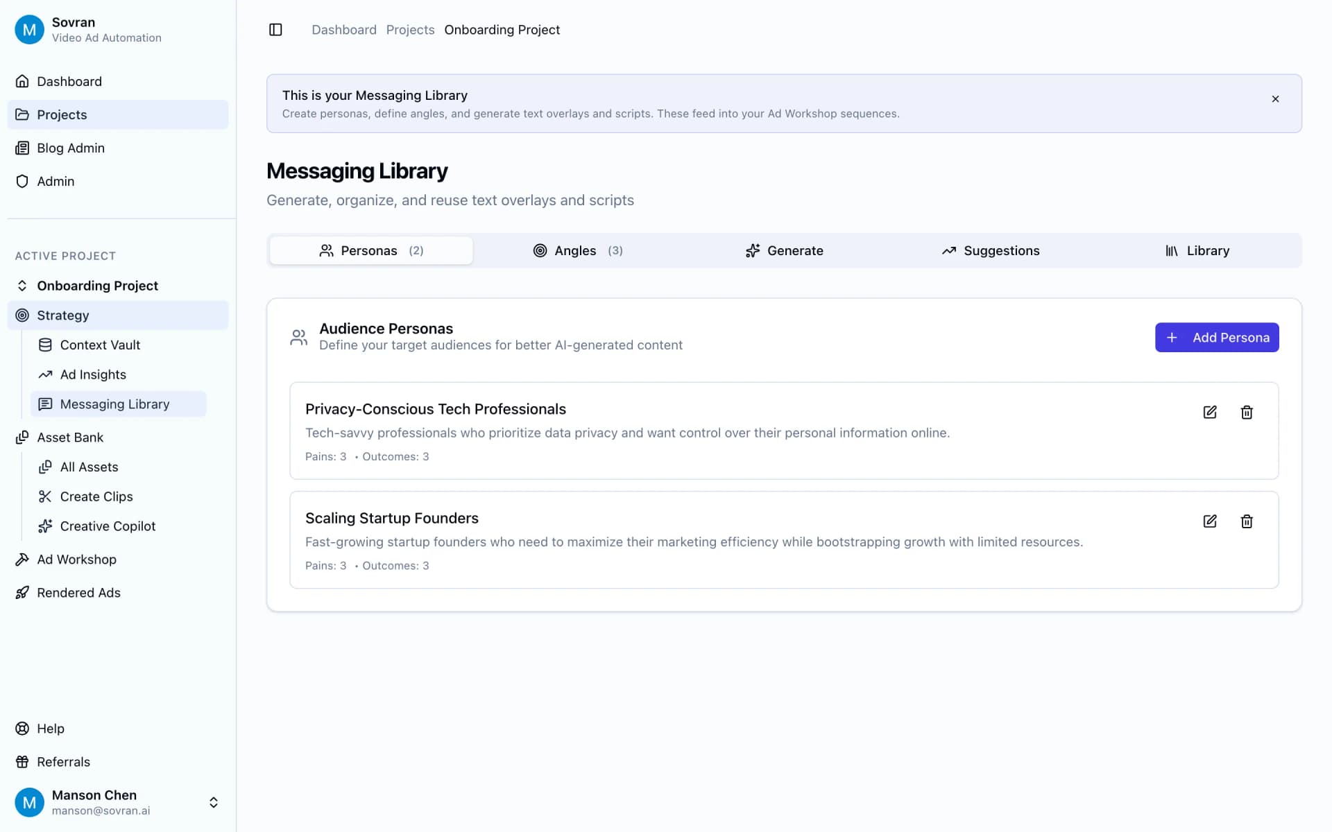 Messaging Library with hook angles and audience pain points for opener testing