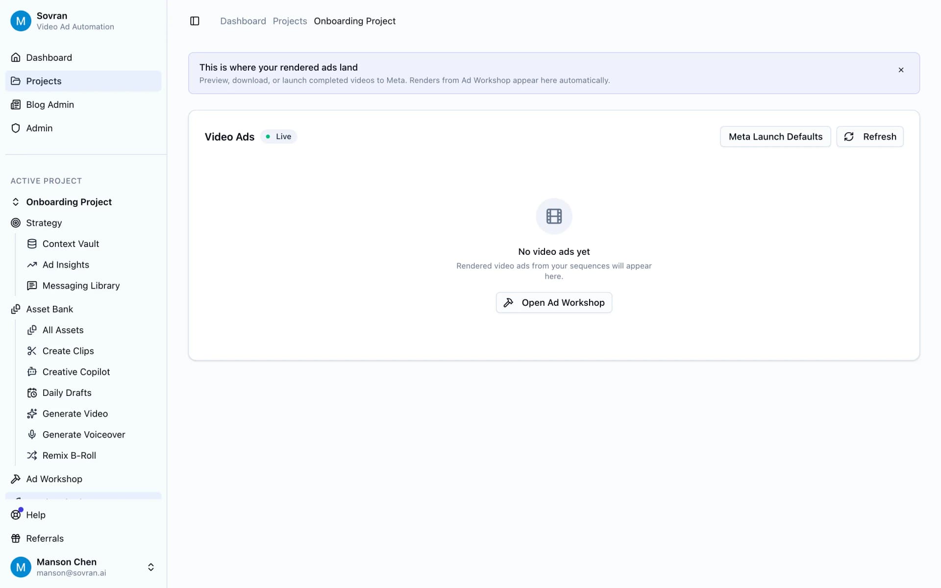 Ad Library with rendered videos, launch defaults, and Meta publish controls