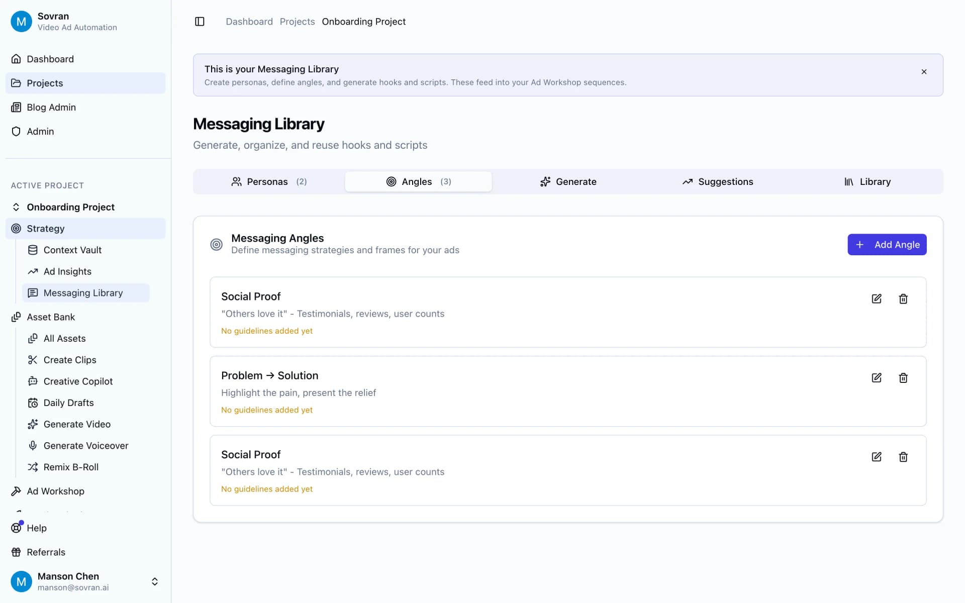 Messaging Library angles tab with hypotheses and saved hook ideas