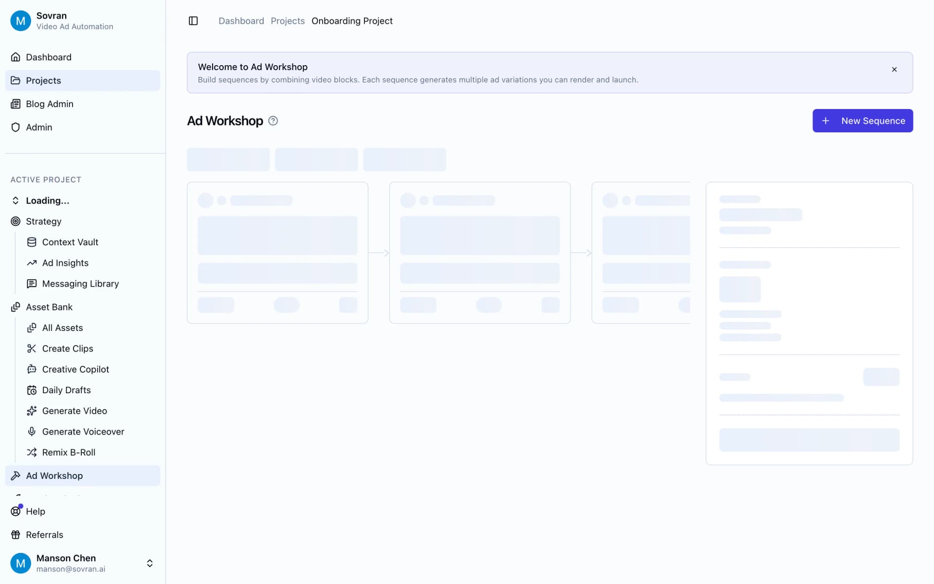 Sovran Ad Workshop with modular hook, body, and CTA blocks for meta ads creative testing