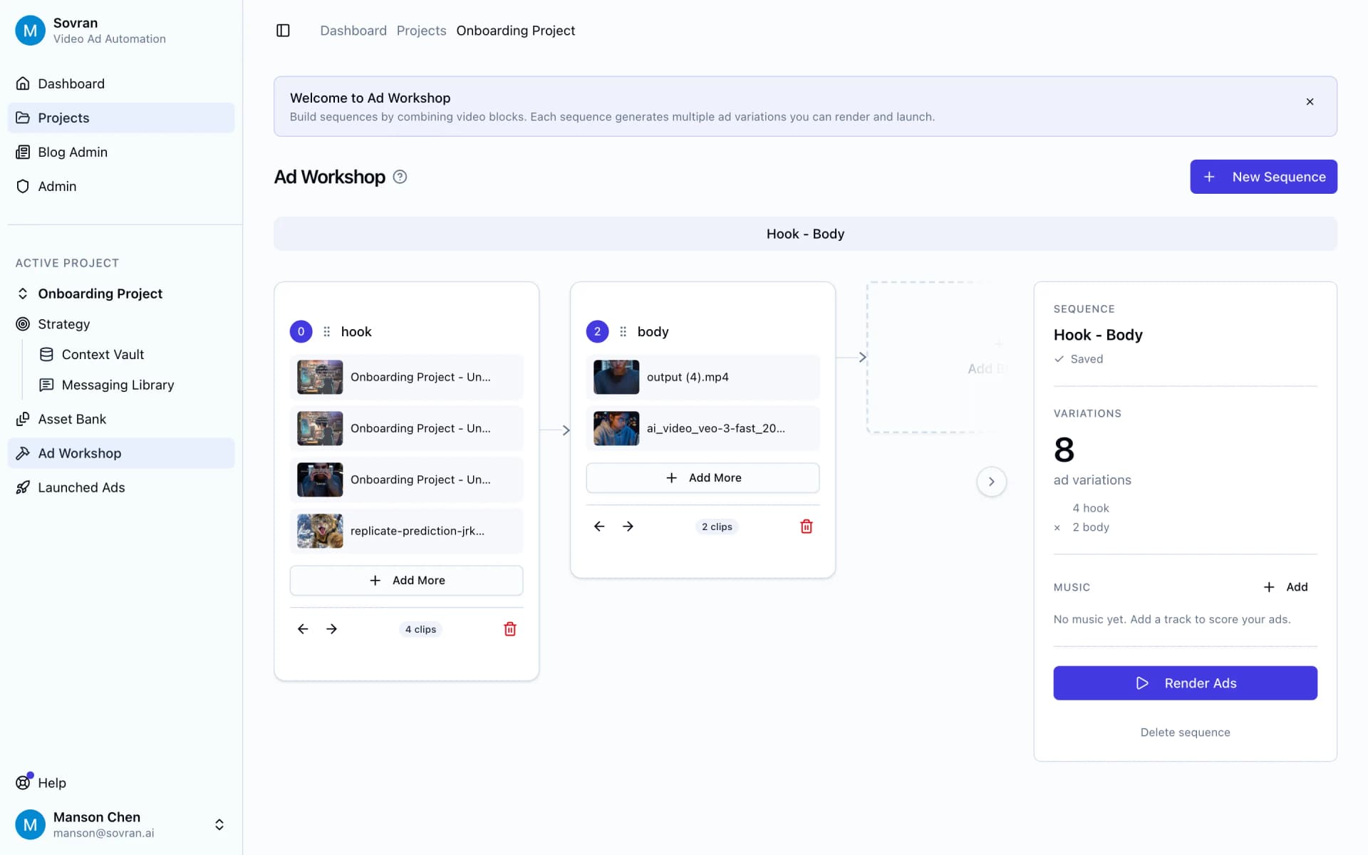 Sovran modular video editor for ads showing hook, body, and CTA blocks stacked in the Ad Workshop