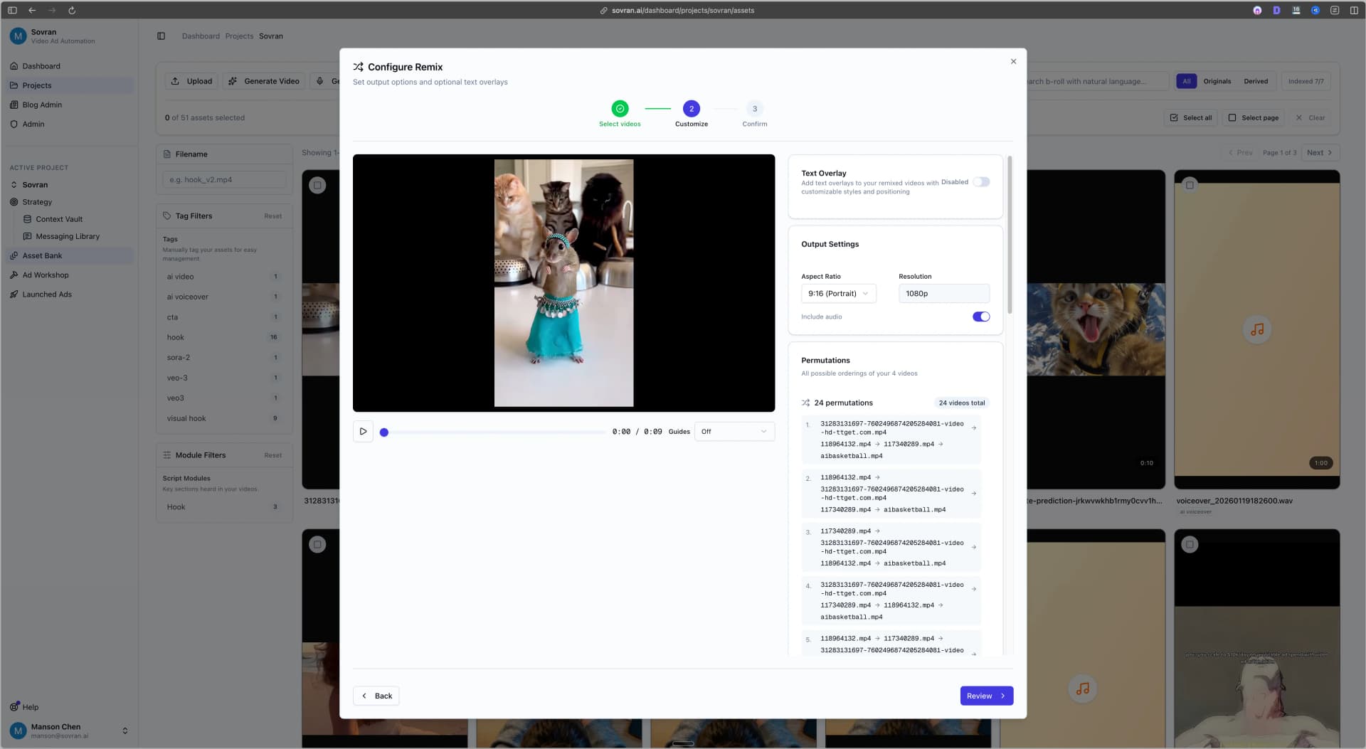 Configure Remix modal with permutation preview and output settings for reordered clips