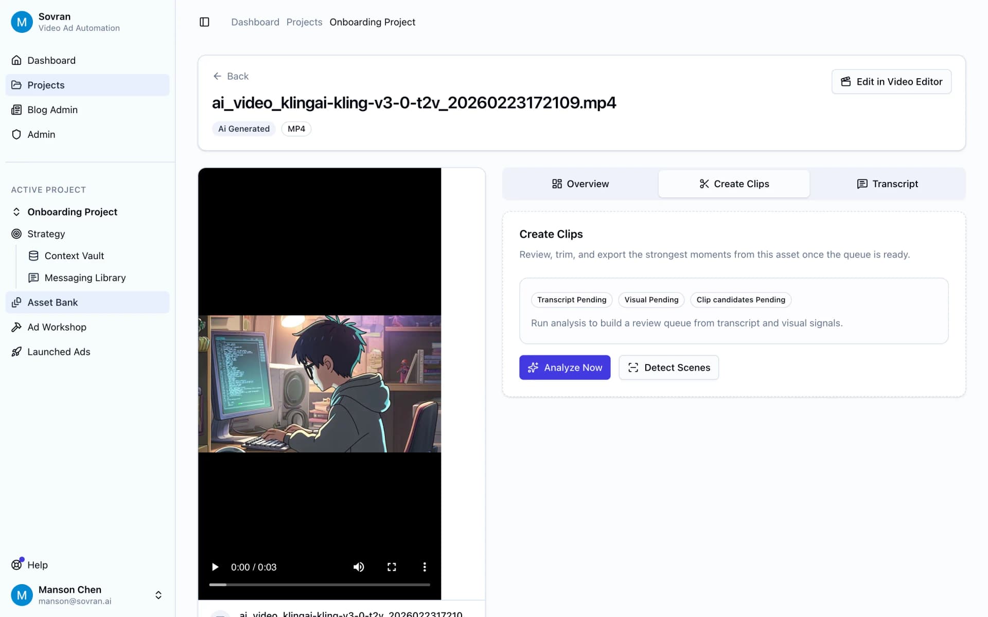 Create Clips tab showing transcript, visual, and clip analysis status for a source video