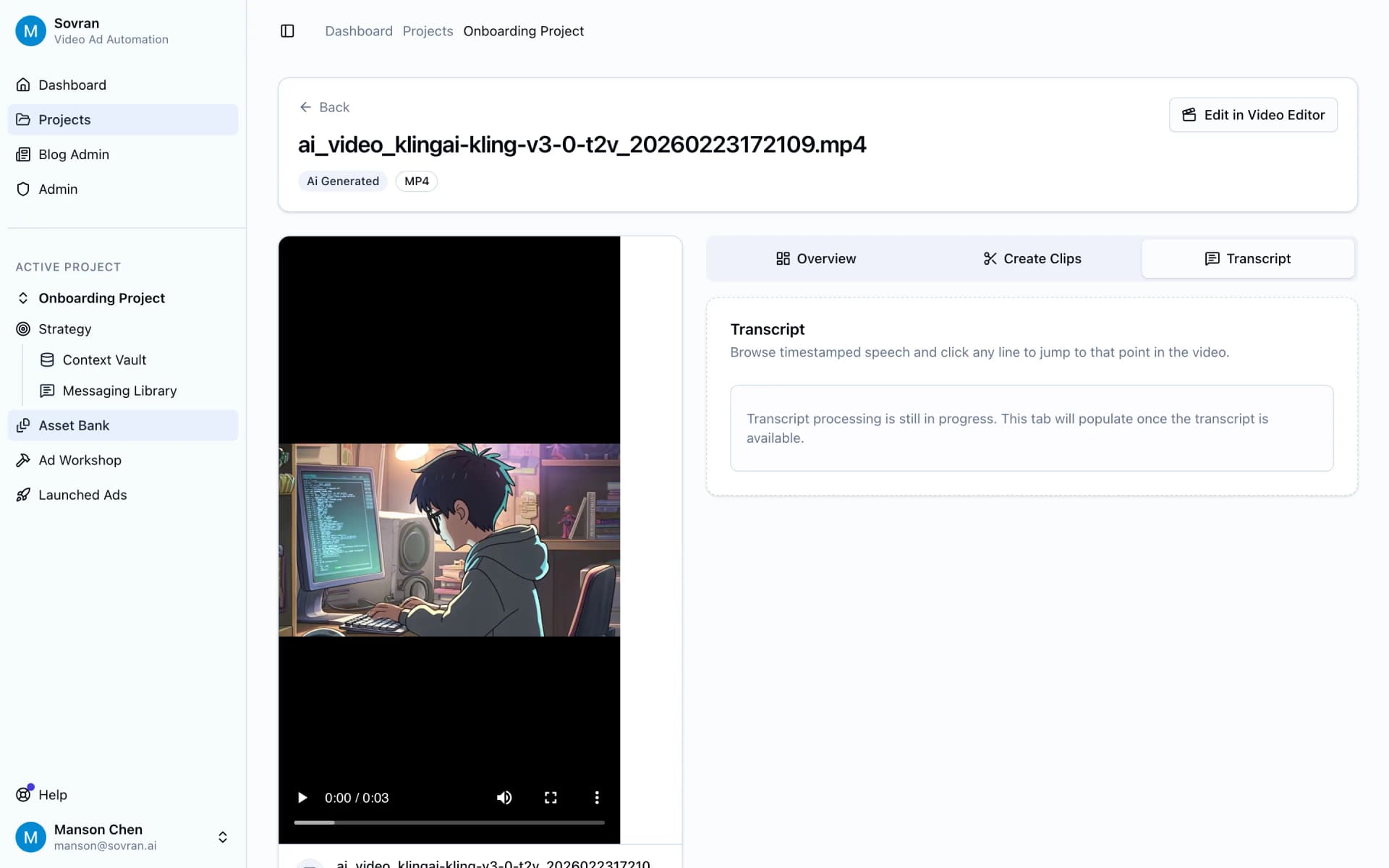Transcript tab on an asset detail page with speech analysis status and jump controls