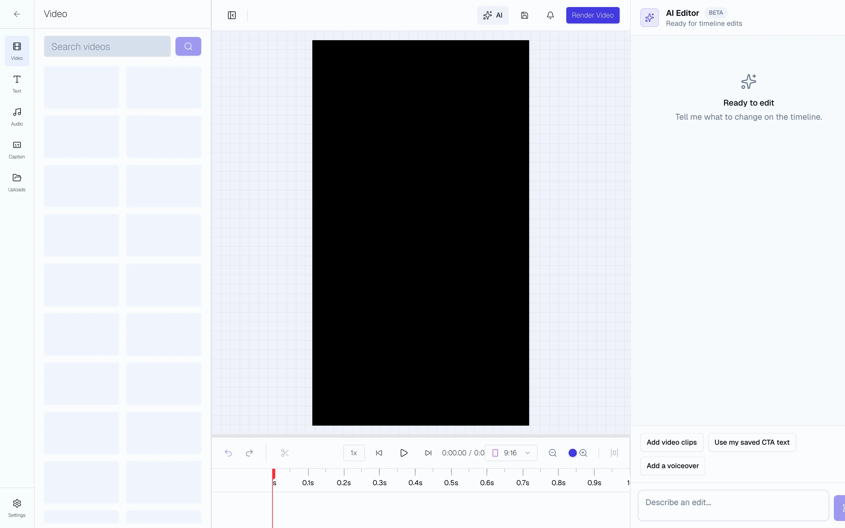 Video Editor with a 9:16 canvas, timeline controls, and AI edit panel