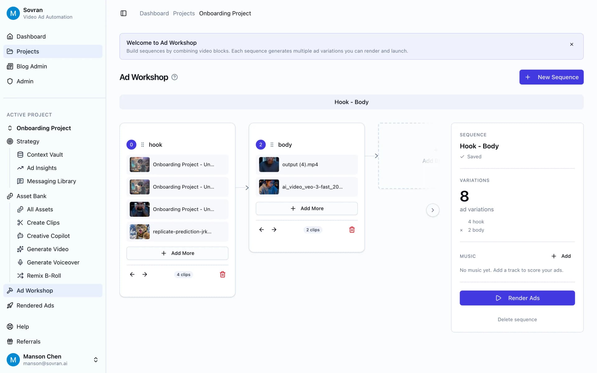 Sovran Ad Workshop showing modular blocks for TikTok in feed video ads
