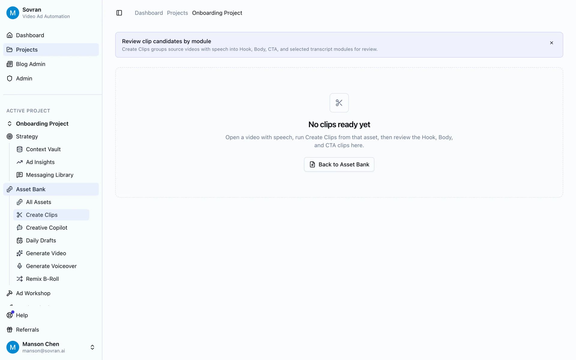 Create Clips workspace with selected creator moments and reusable segment controls