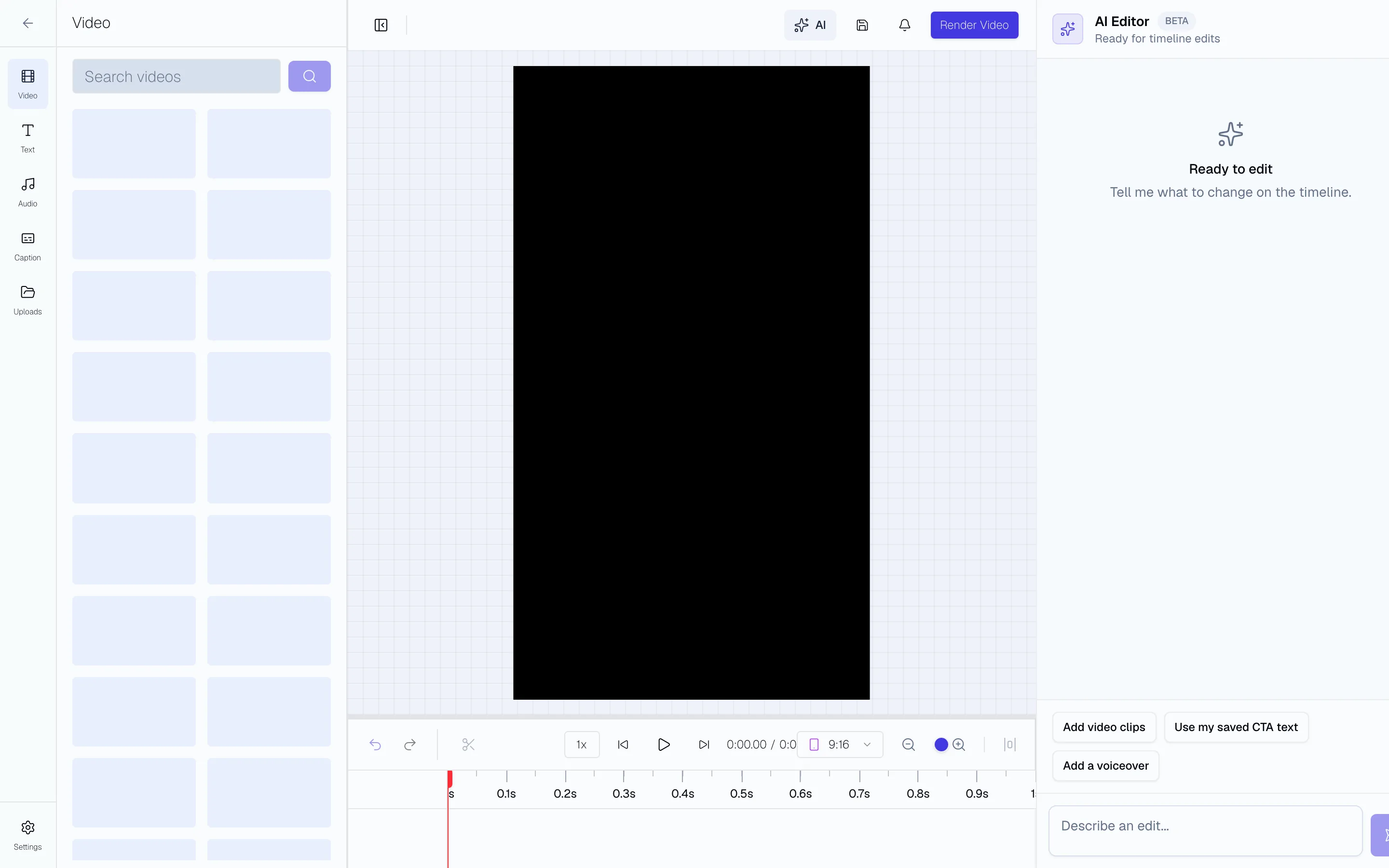 Video Editor with 9:16 preview, caption controls, and a creator clip timeline