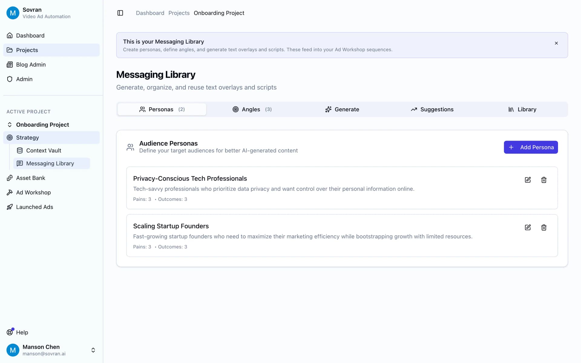 UGC ad script generator drafting creator-style hooks, bodies, and CTAs inside Sovran's Messaging Library