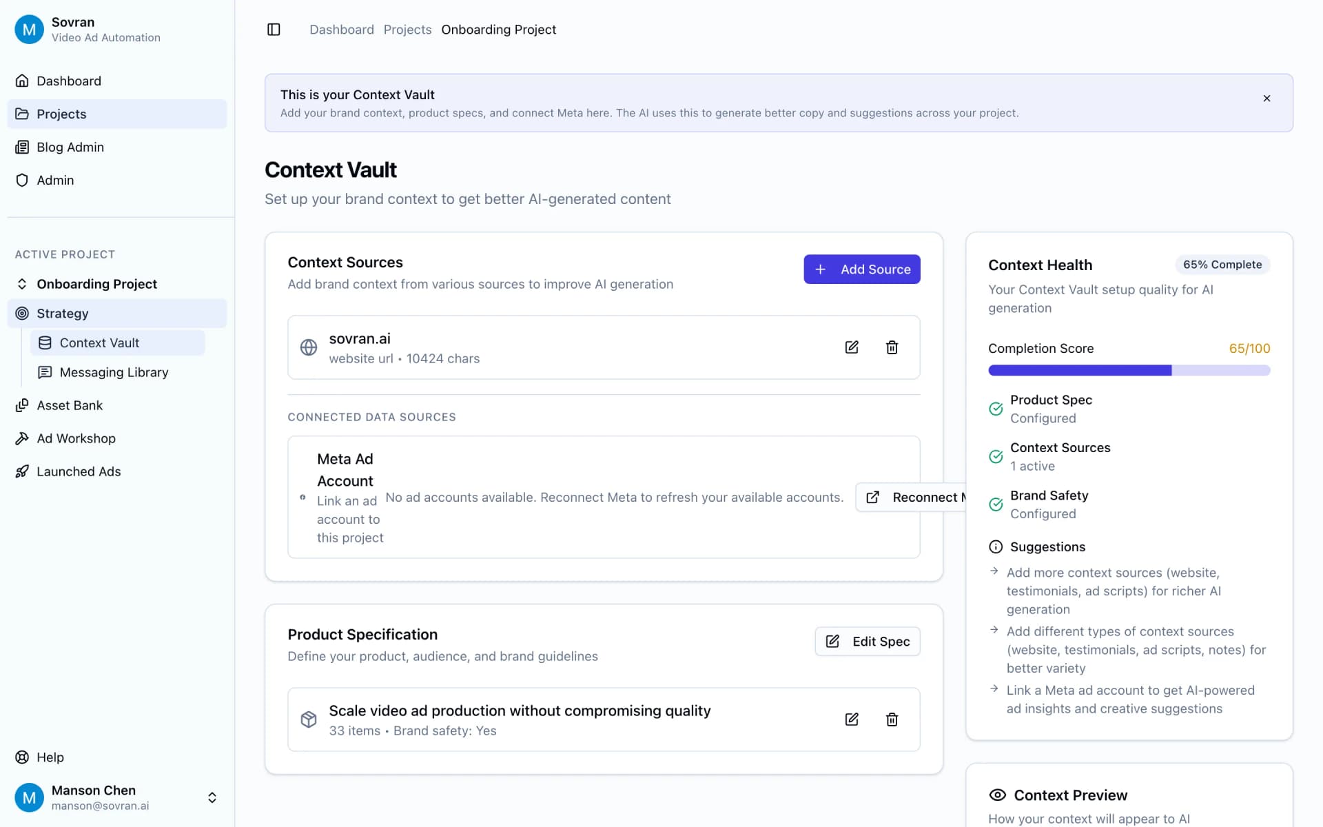 Context Vault with brand guidelines, product details, and personas that ground hook generation