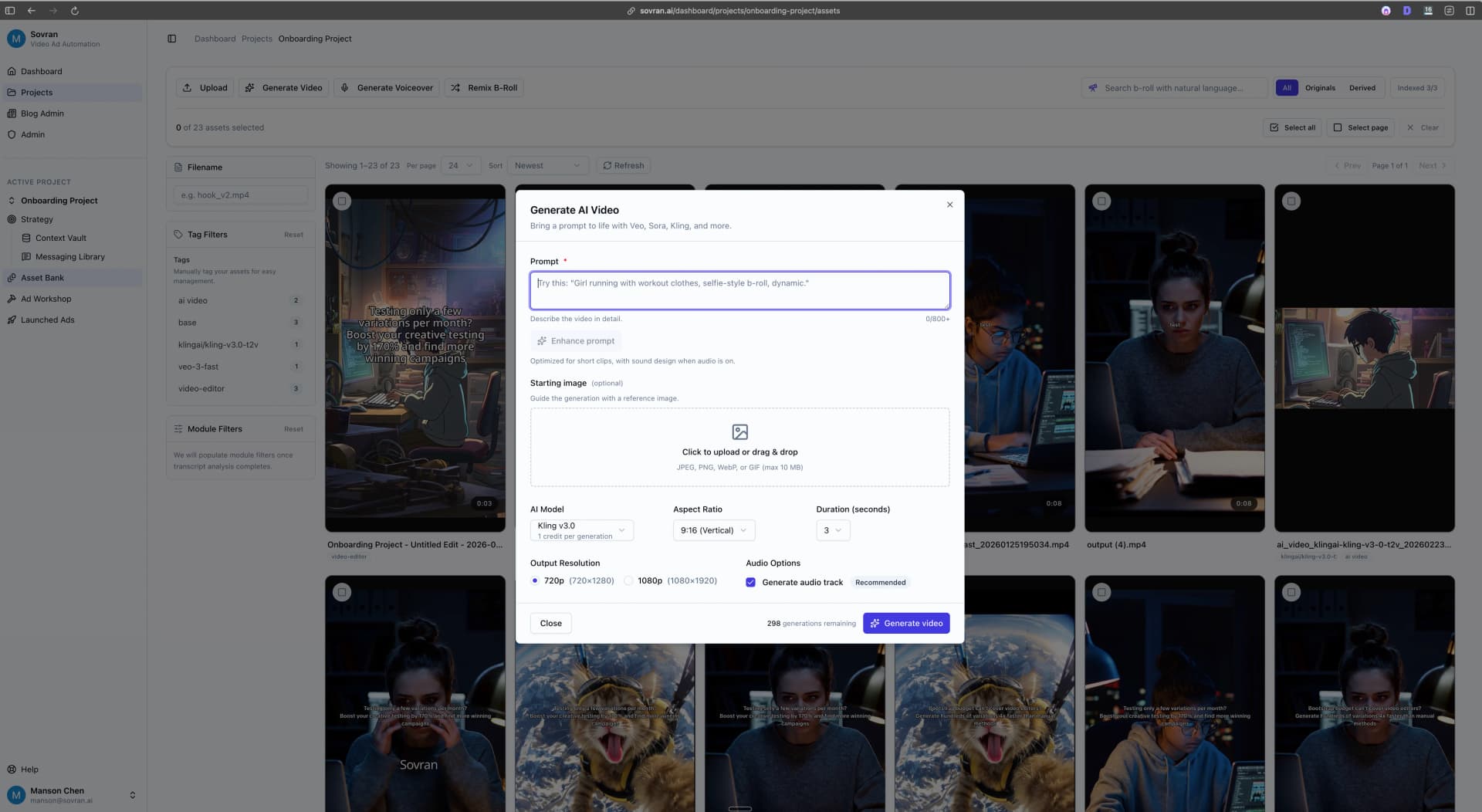 Sovran video ad hook generator showing the AI video generation modal opened from the Asset Bank