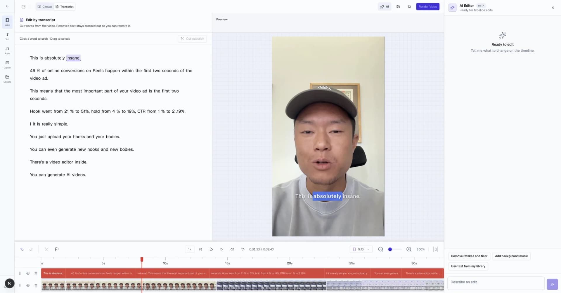 Sovran Video Editor showing transcript-based cutting, a video preview, and modular timeline layers