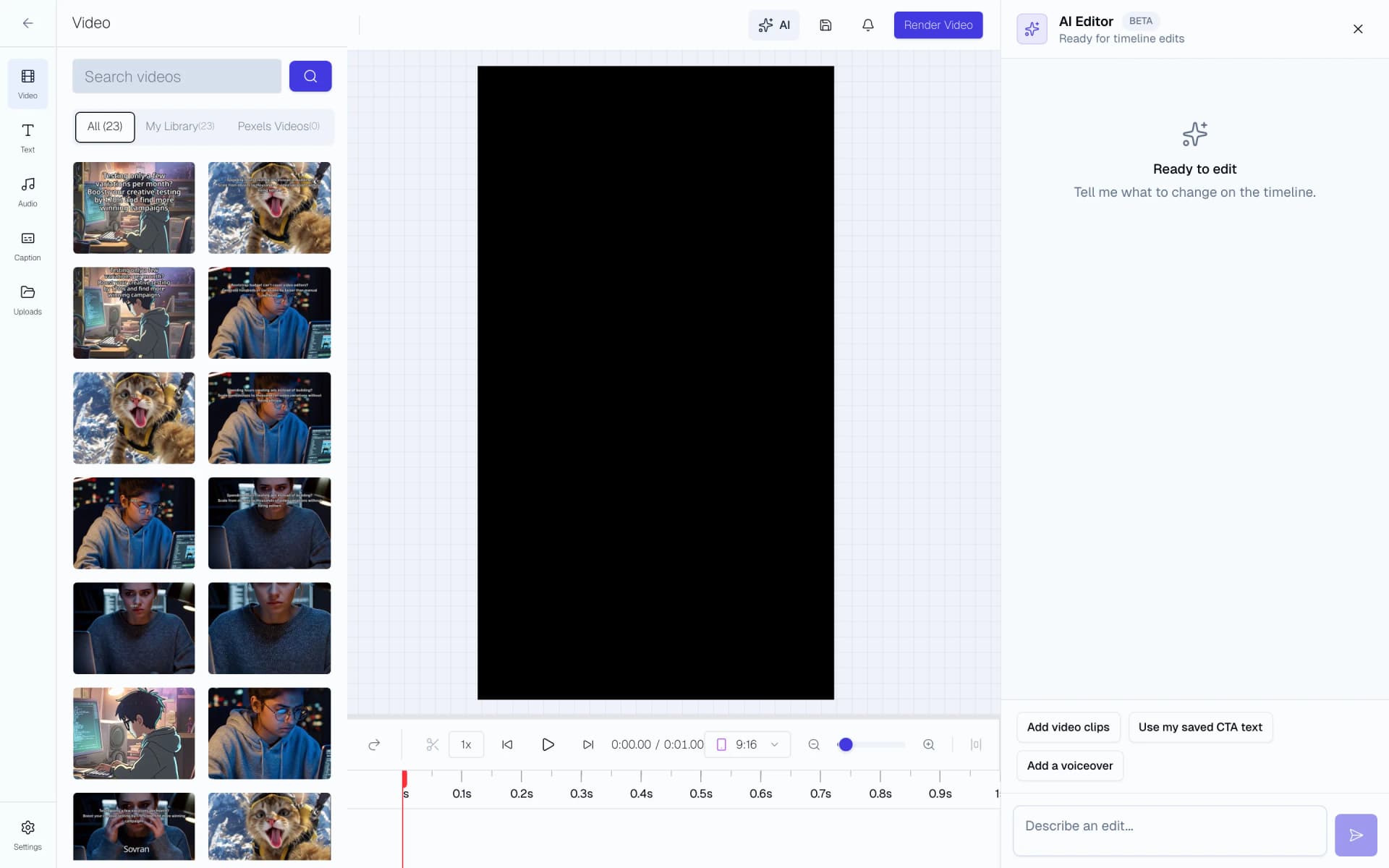 Video editor with timeline tracks for clips, captions, and voiceover