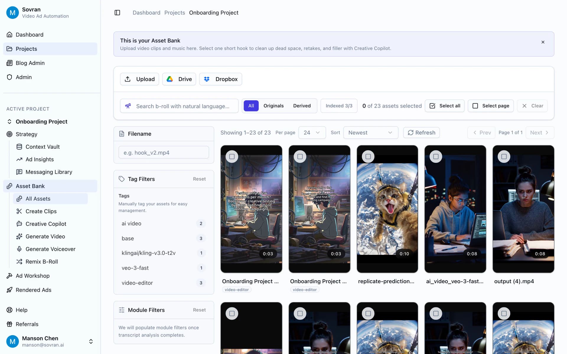 Asset Bank with vertical clips, search filters, and upload controls