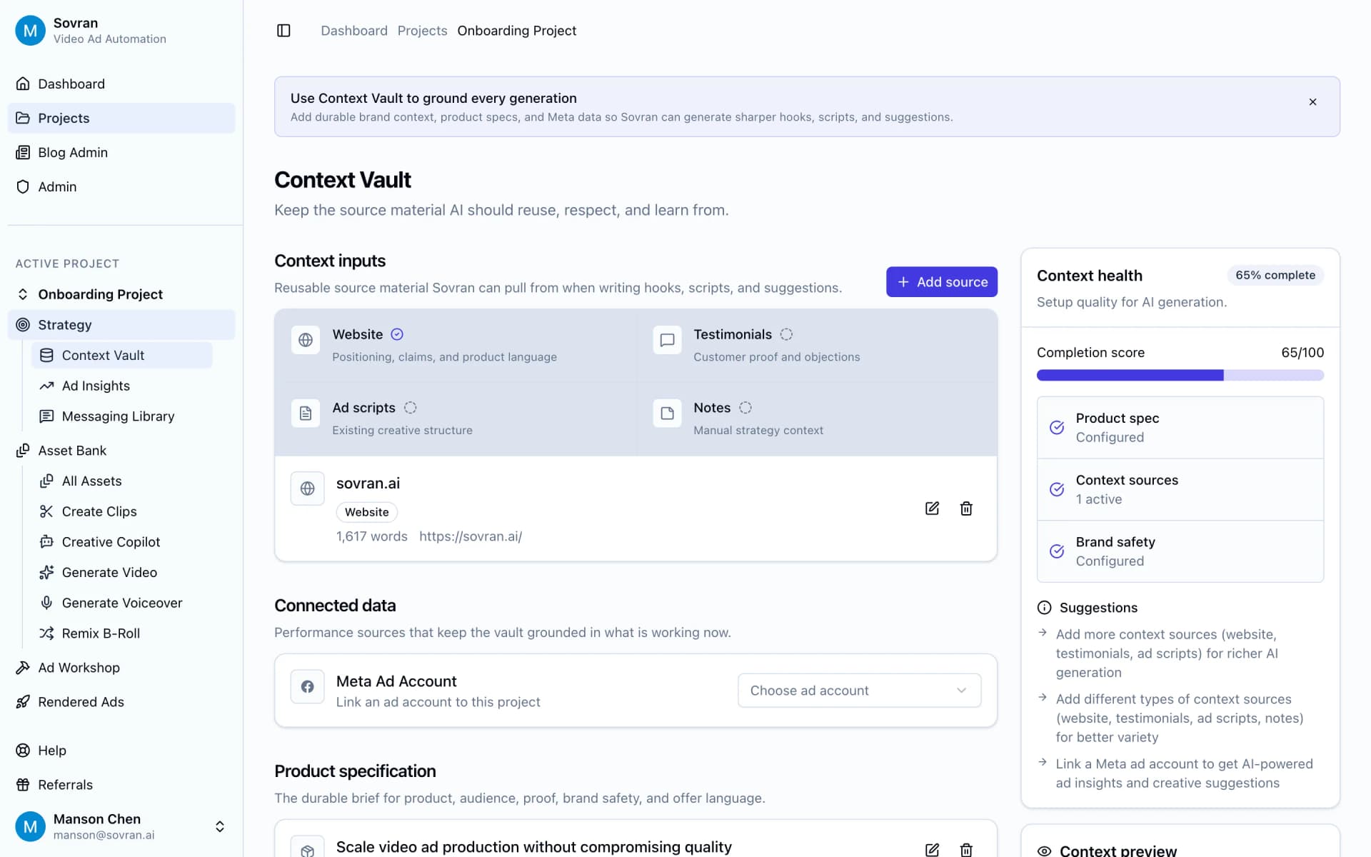 Context Vault with brand notes, sources, and context health for ad edits