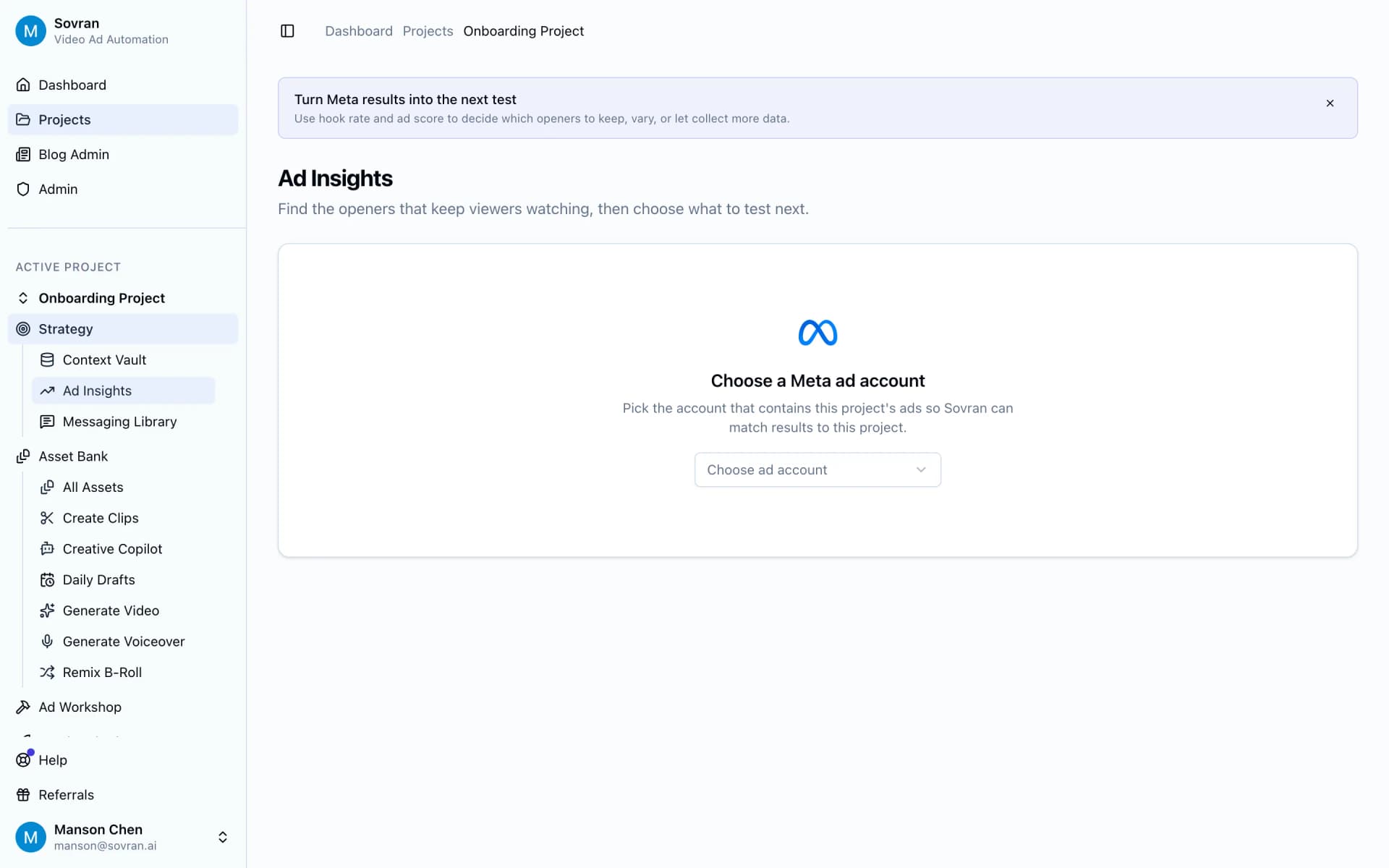 Ad Insights page asking to choose a Meta ad account for results