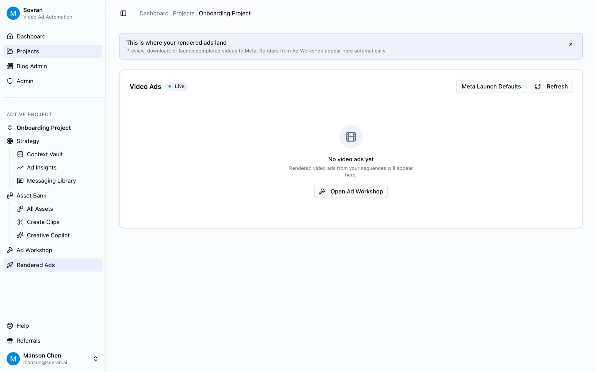 Rendered Ads page with launch defaults and review controls for video ads