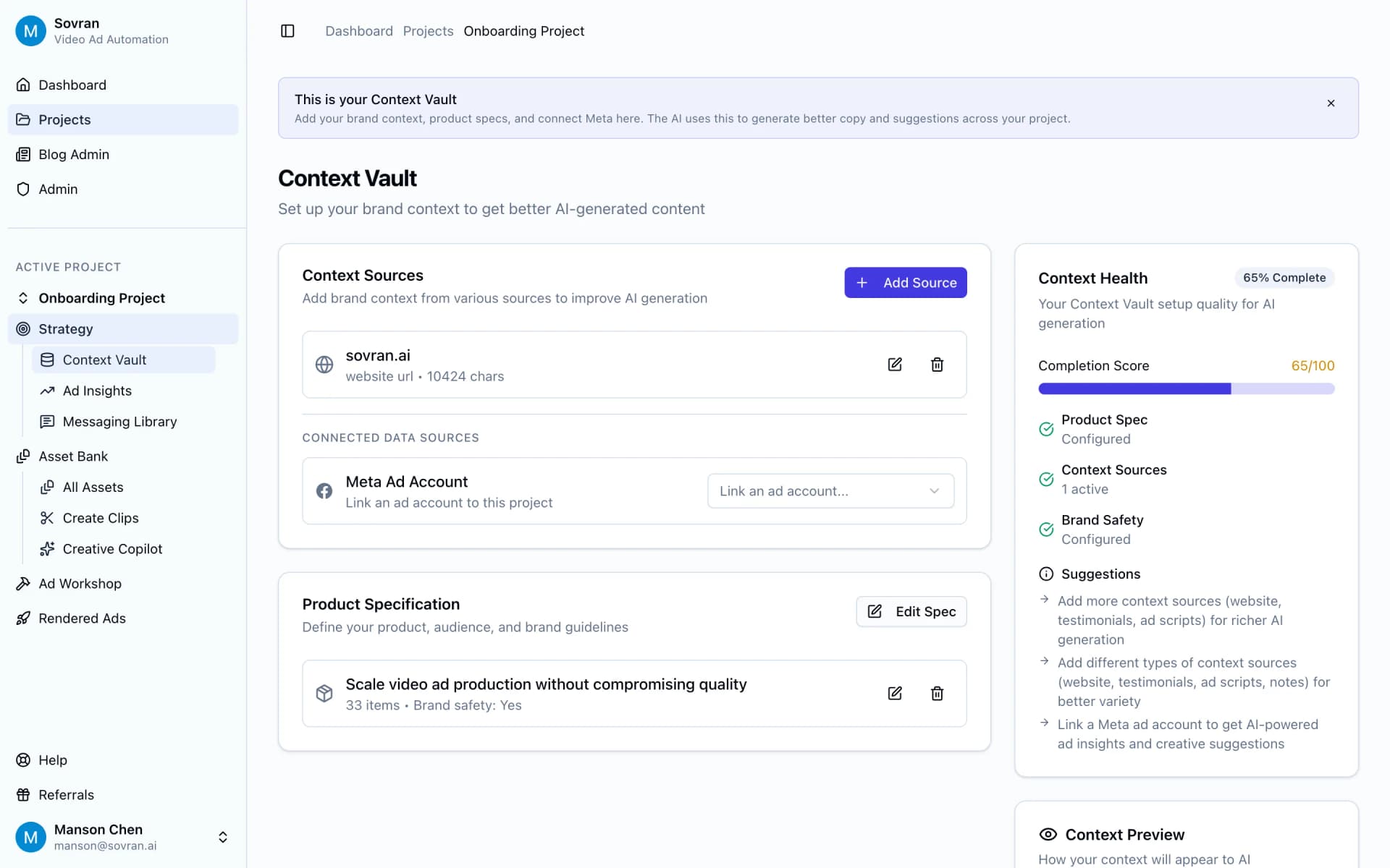 Context Vault with project sources and campaign notes for approved ad context
