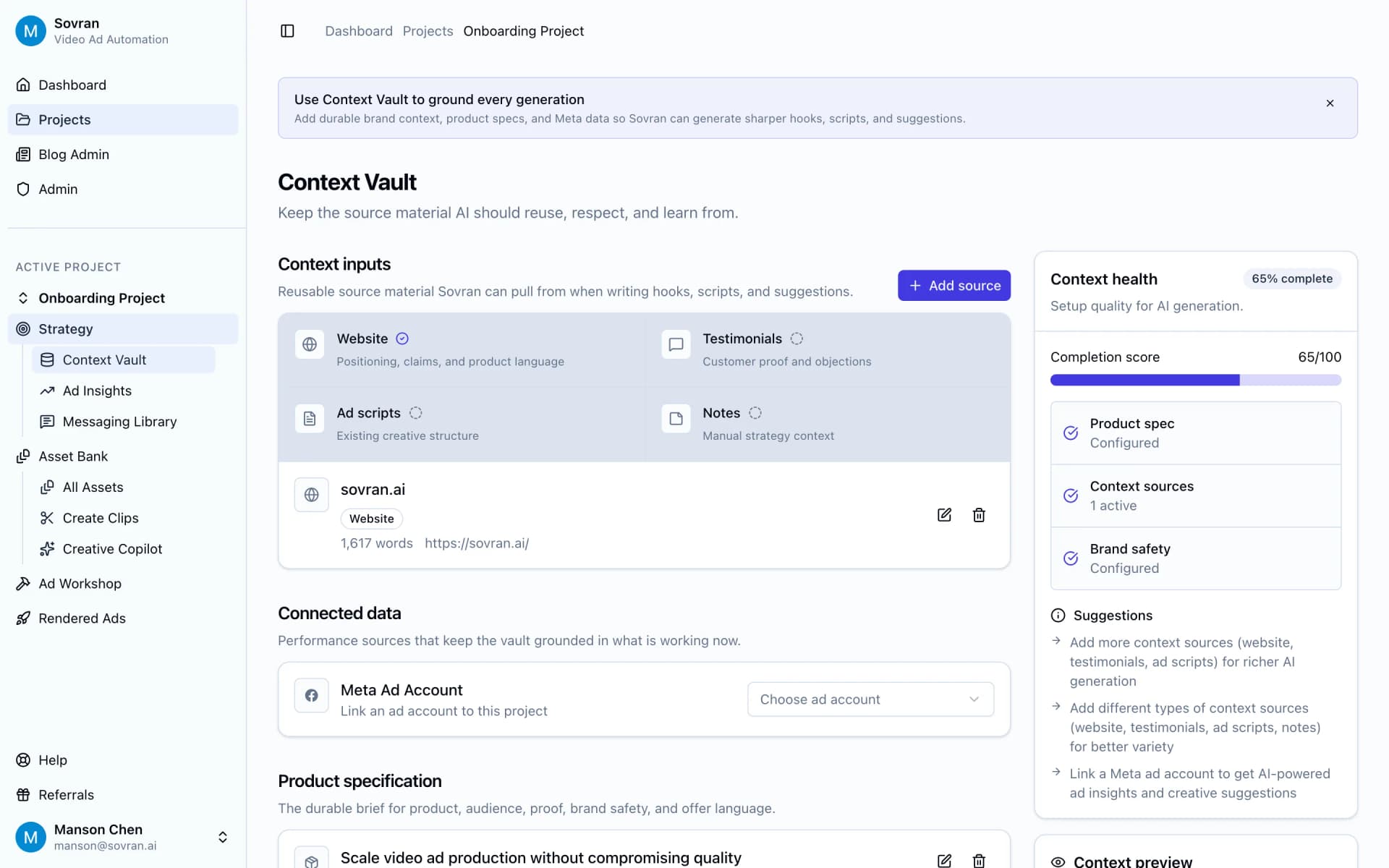Context Vault with website sources, ad scripts, notes, and context health