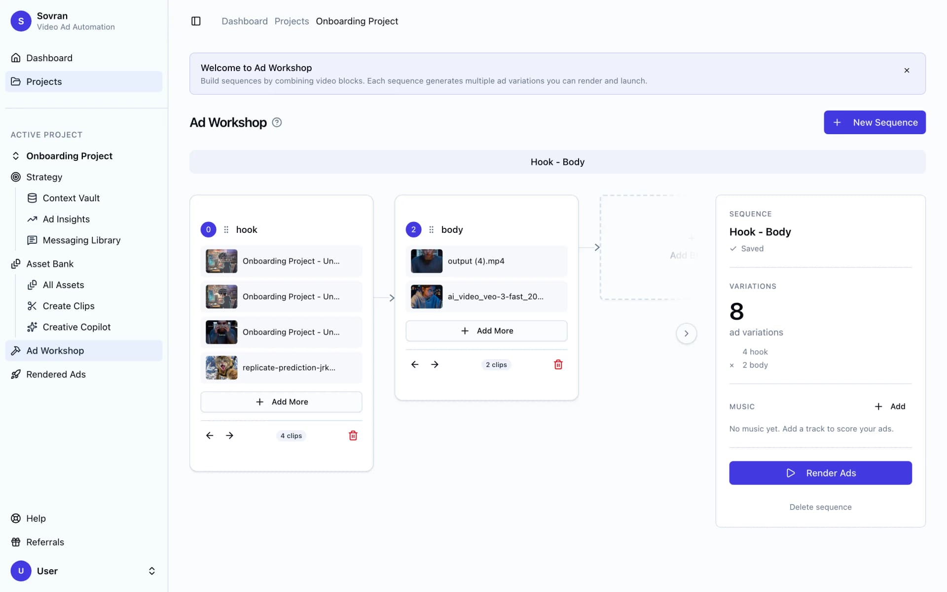 Sovran creative production platform showing hook and body blocks in Ad Workshop
