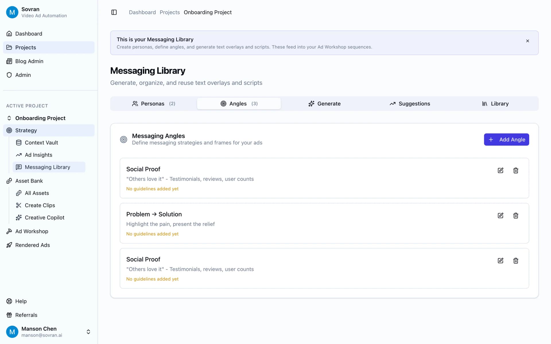 Messaging Library angles tab with test frames and editing controls