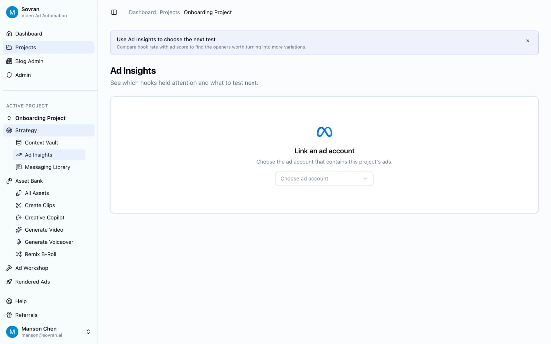 Ad Insights page prompting the team to link a Meta ad account