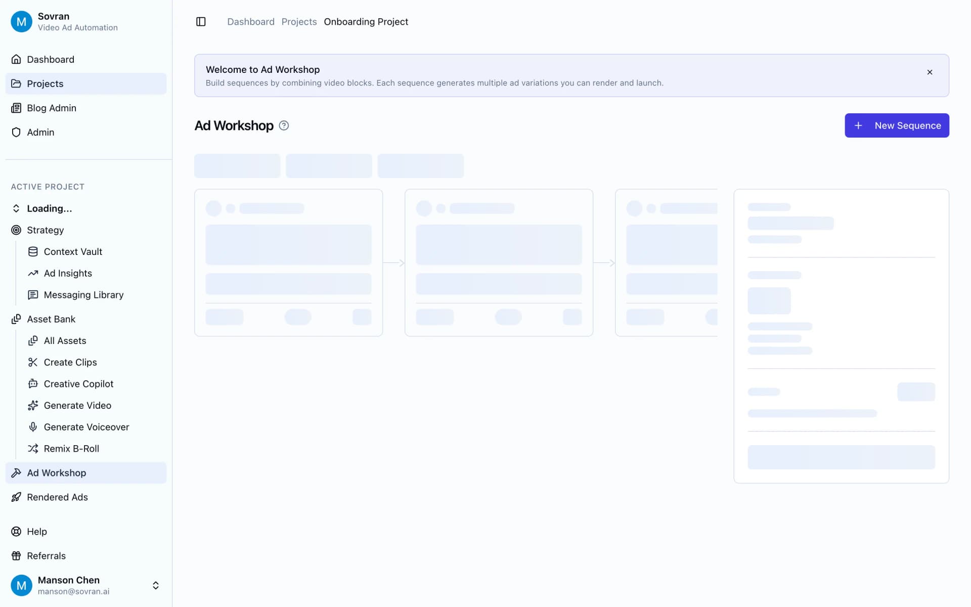 Facebook creative hub workflow in Sovran Ad Workshop with a New Sequence button and sequence canvas