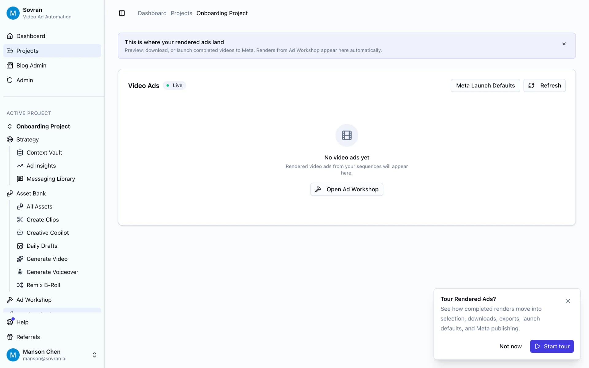 Video Ads review screen with Meta launch defaults and rendered ad status