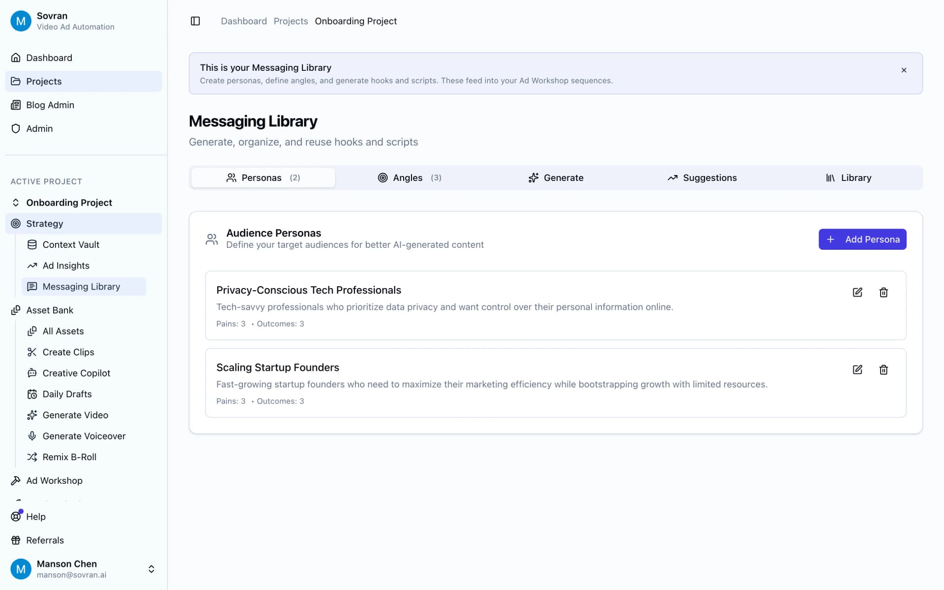 Messaging Library with personas and angles for reusable hooks and scripts