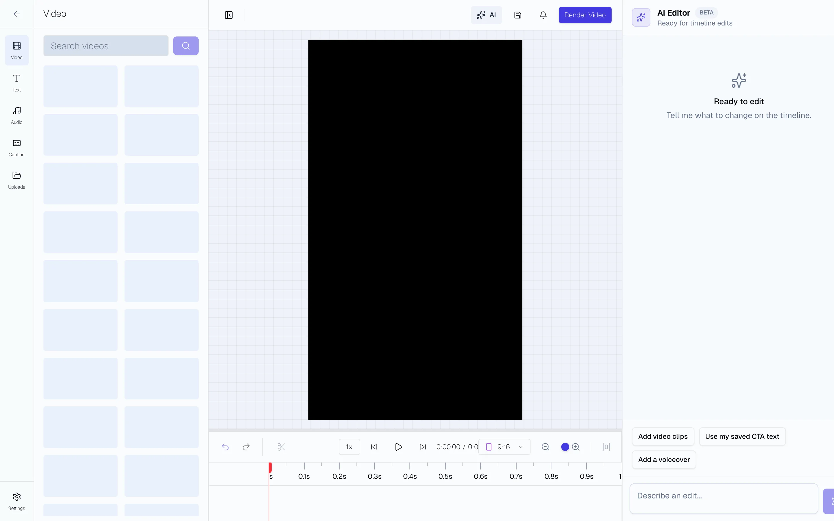 Sovran Video Editor with a 9:16 canvas for Facebook Reels ads and AI edit panel