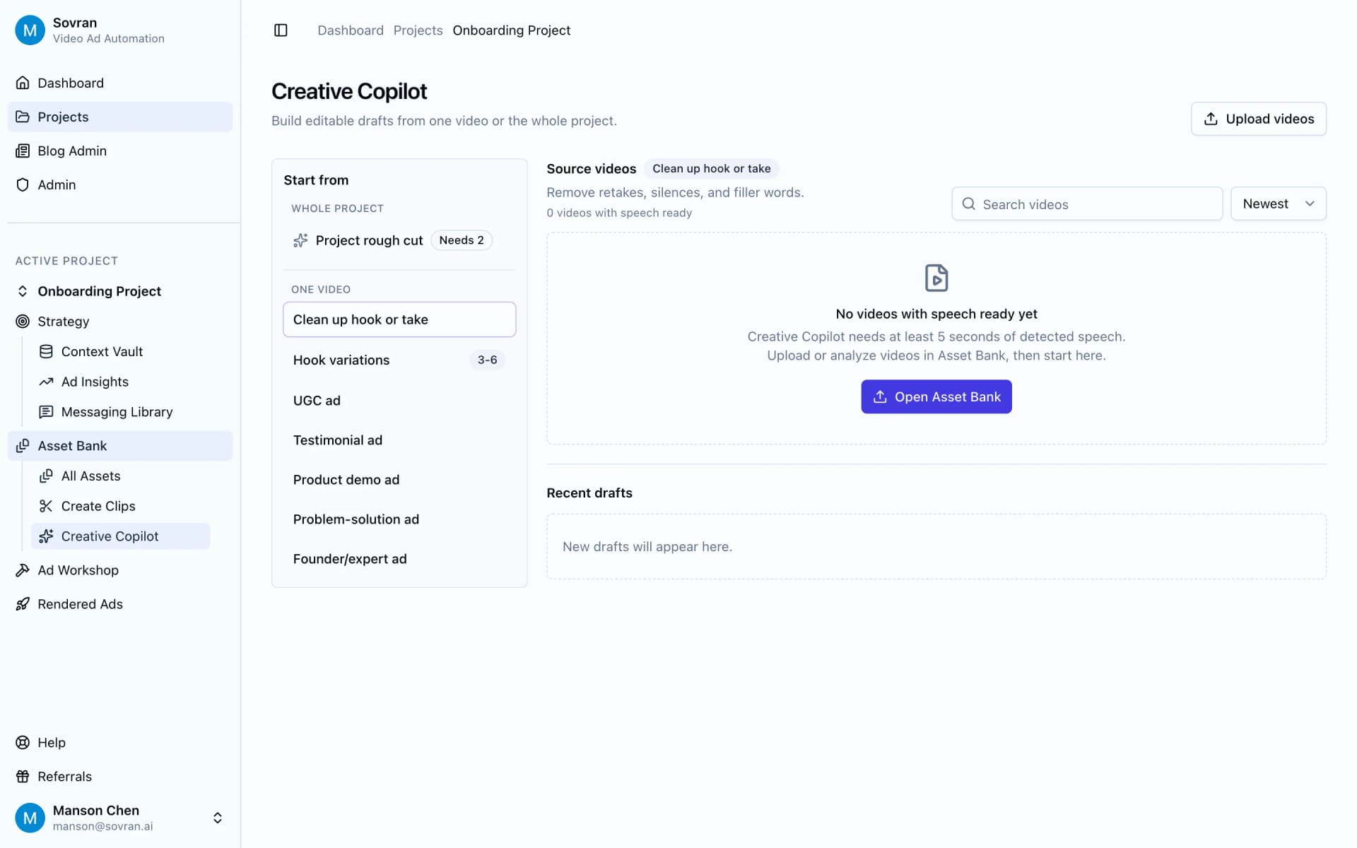 Creative Copilot workspace with source video options for short hook cuts