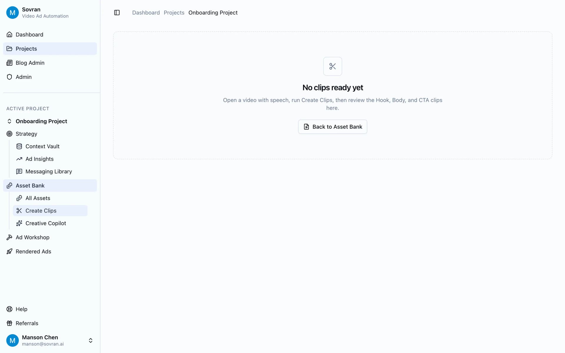 Create Clips page with empty queue for hook, body, and CTA review