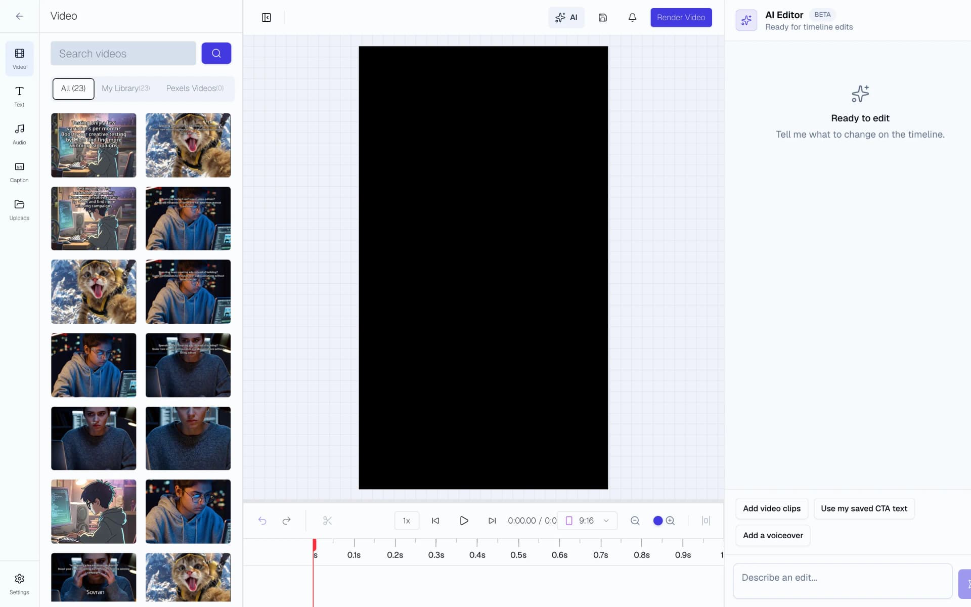 Video Editor with media library, vertical preview, and AI edit panel