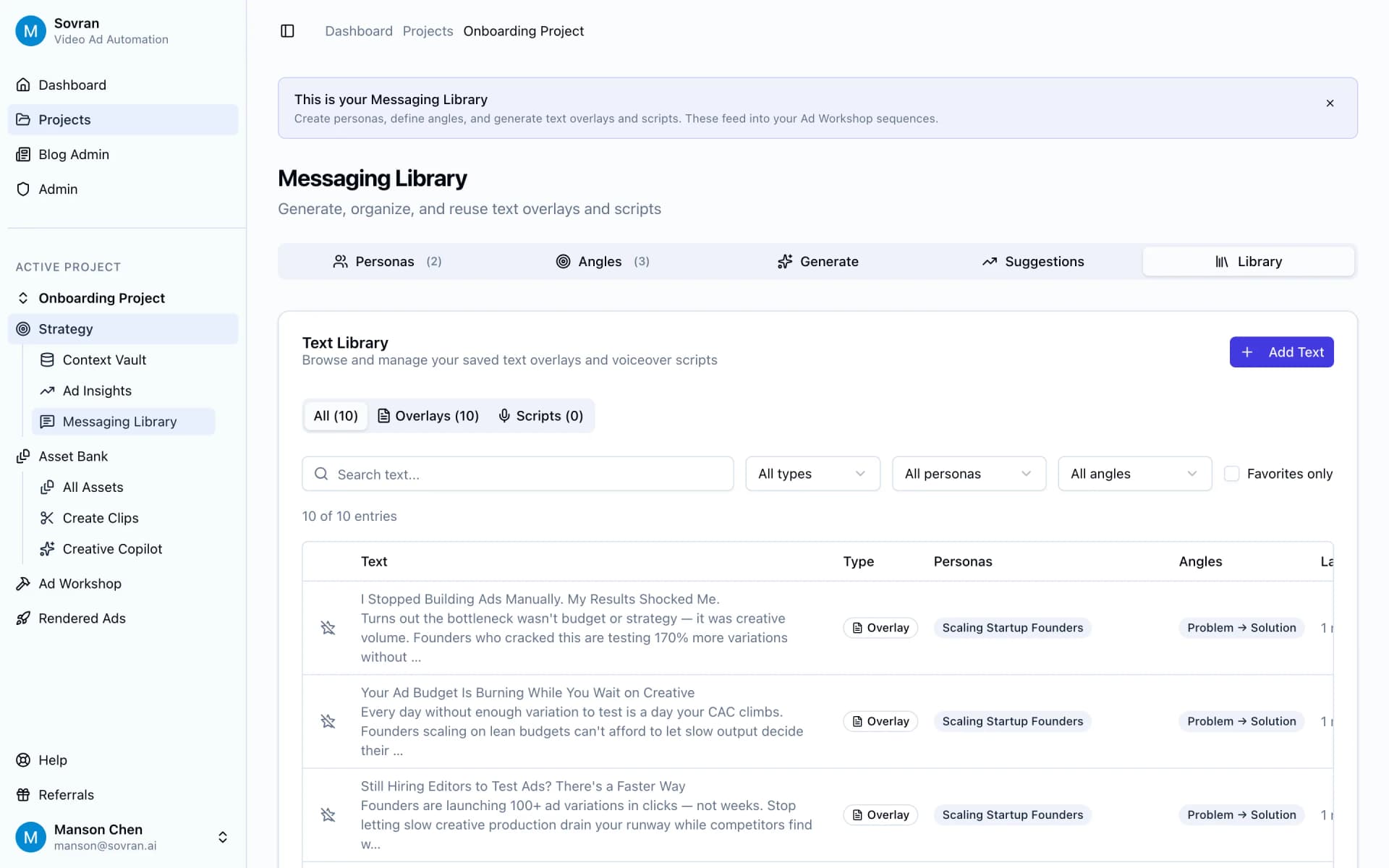 Messaging Library table with saved overlays, scripts, personas, and angles