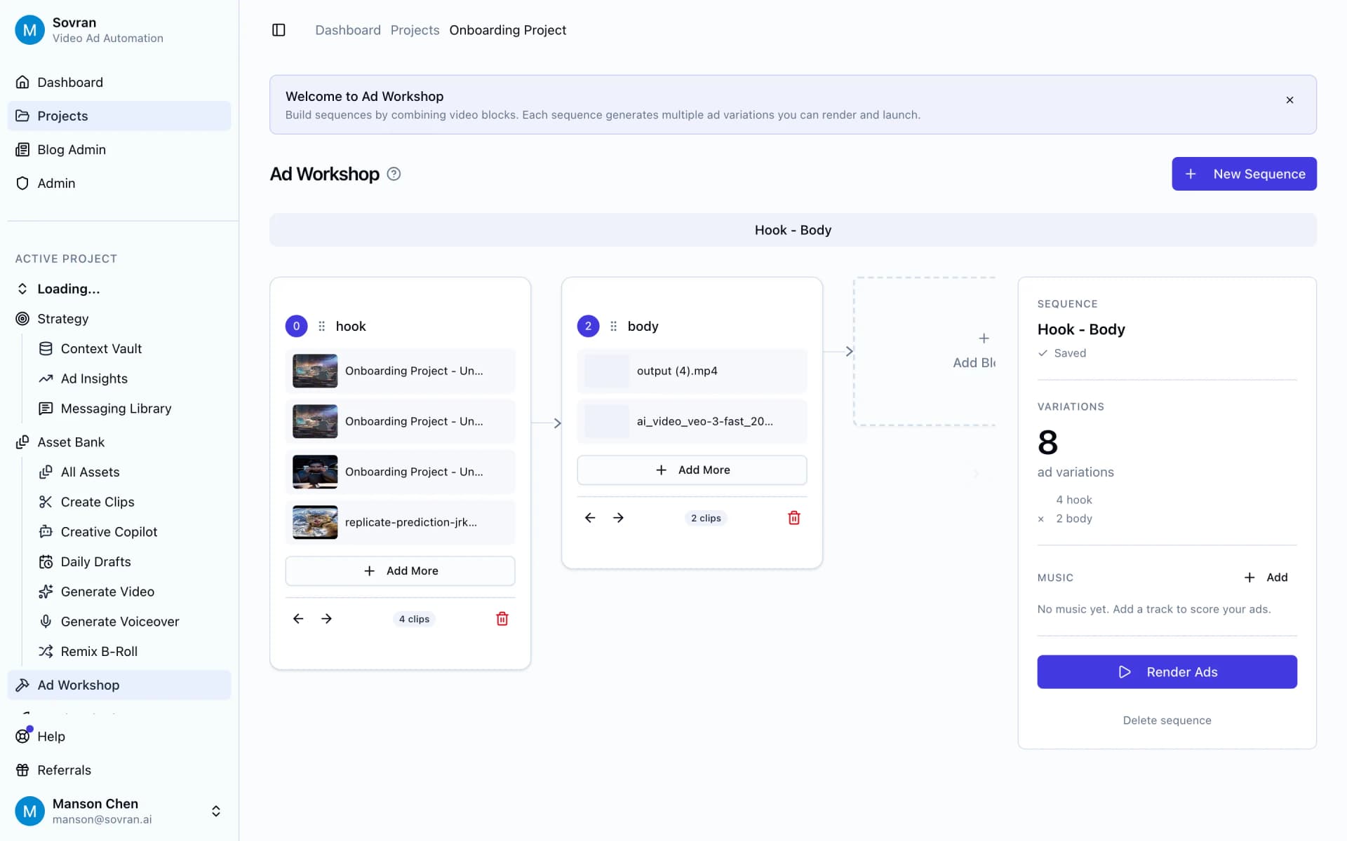 Ad Workshop with modular hook, body, and CTA sequence blocks