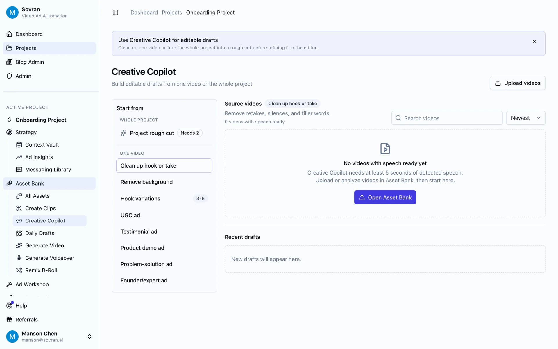 Creative Copilot workspace with editable draft controls for cleaning raw clips