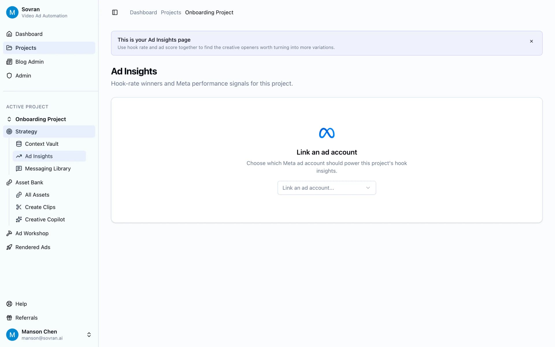 Ad Insights page prompting the user to link a Meta ad account
